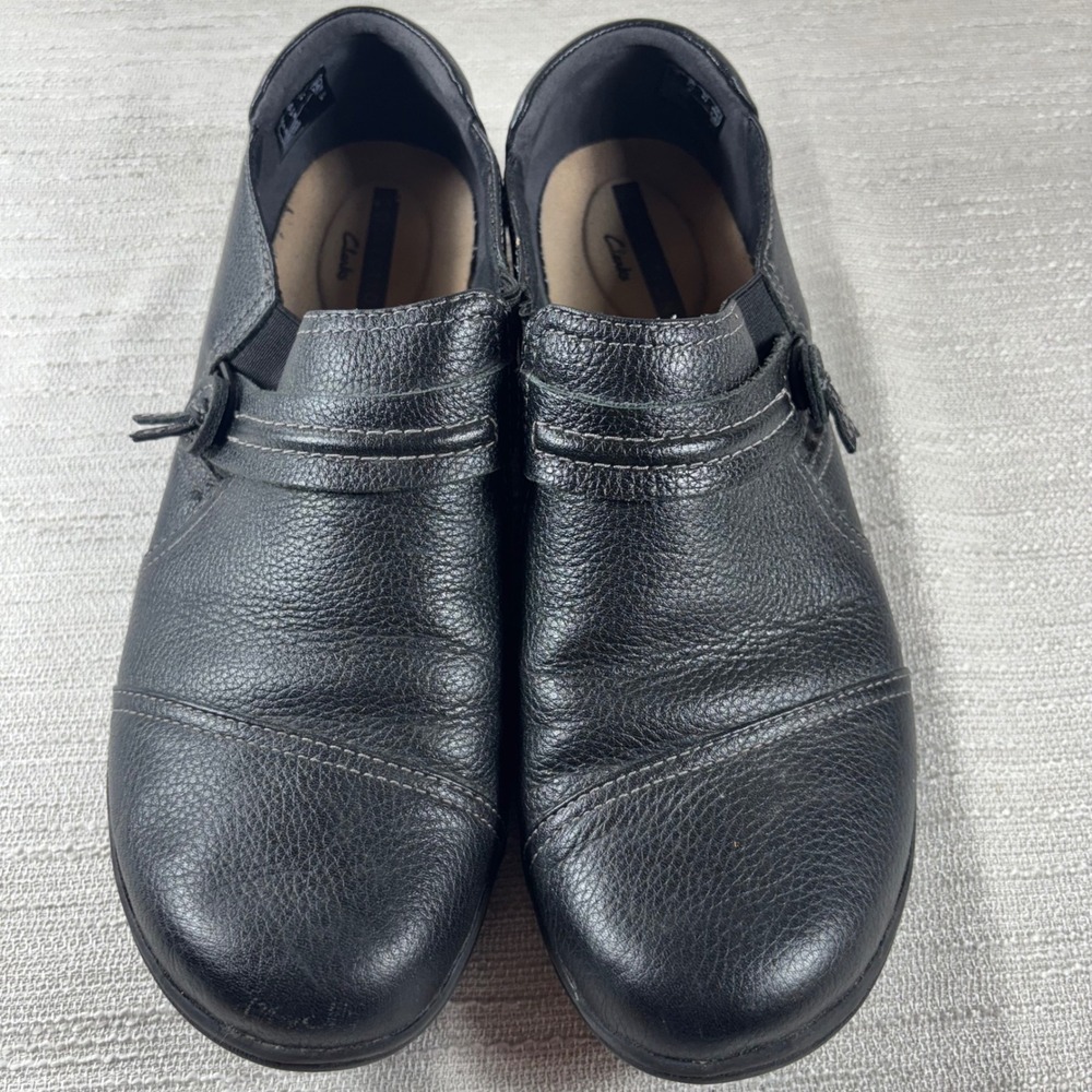 Clarks Black Leather Slip On‎ Shoes Women's Size 9.5 M Comfort Cushioned Loafers